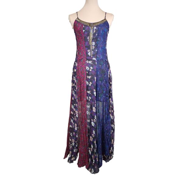 Free People Patchwork Panel Paneled Boho Bohemian Beaded Dress - Picture 2 of 8